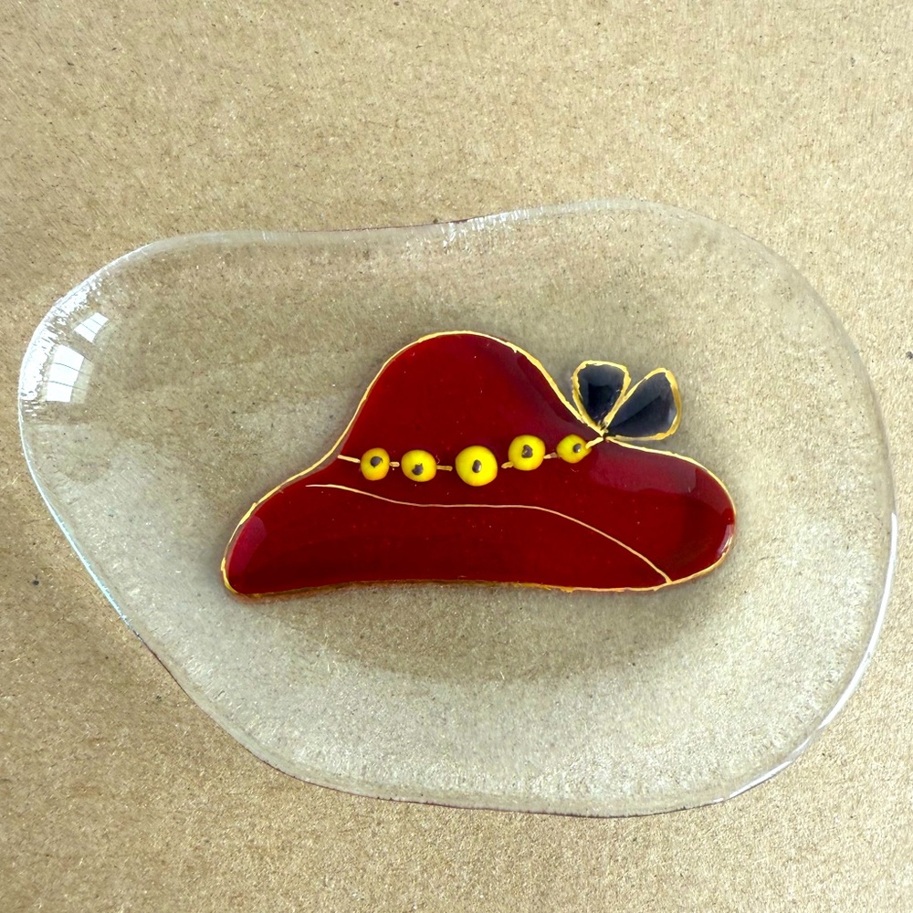 Vtg Red Hat Society Glass Dish Fused Red Glass w/ Yellow Beads and Purple Bow